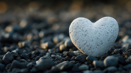 A white heart-shaped stone among darker gravel, standing out with its contrasting shape and color.の素材