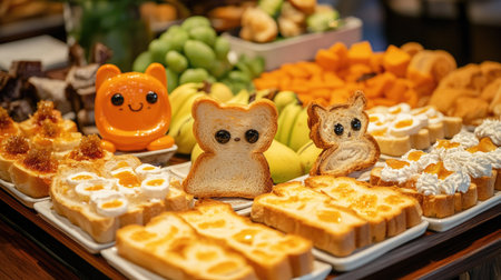 Animal-themed toast buffet featuring various toasts shaped like cute creatures, with fruits and spreads on a kid's table.の素材