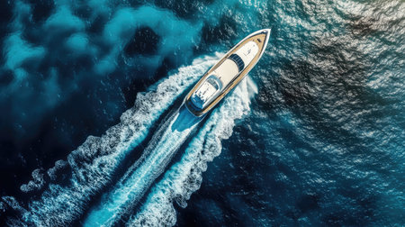 Aerial view of a luxury yacht sailing smoothly through deep turquoise ocean waves on a bright summer day.の素材
