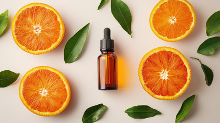 Top view of essential oil bottle and juicy orange cut in half, elegantly displayed on a light backgroundの素材