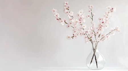 Spring cherry branch with light pink flowers in a contemporary vase, styled simply on white backgroundの素材