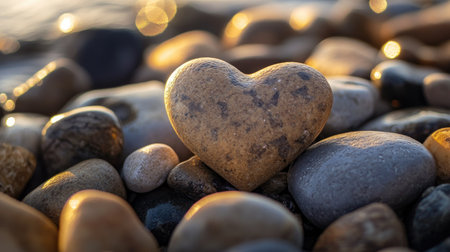 A heart-shaped stone nestled among other river rocks, with sunlight creating subtle shadows and earthy tones.の素材
