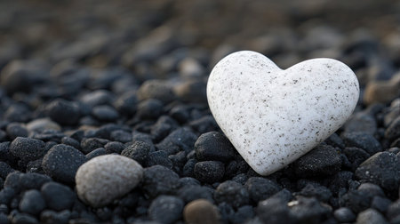 A white heart-shaped stone among darker gravel, standing out with its contrasting shape and color.の素材