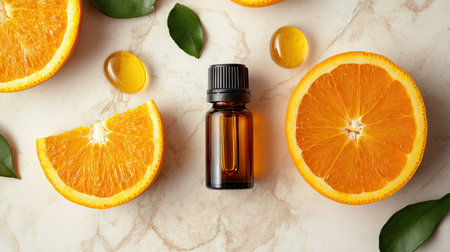 Top view of essential oil bottle and juicy orange cut in half, elegantly displayed on a light backgroundの素材