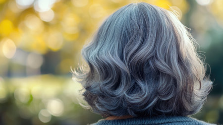 Back view of a senior person's head with thick, wavy gray hair, standing outdoors under daylight.の素材