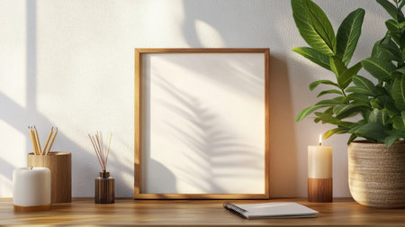 A mockup-ready empty frame on a wooden table, surrounded by simple decor including a candle, a notebook, and a plant.の素材