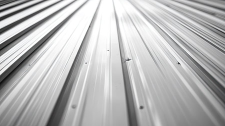 Close-up of an aluminium warehouse with ribbed metal roofing, emphasizing texture and structure.の素材