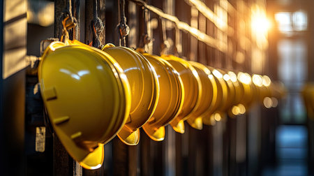 Bright yellow helmets aligned on hooks along a factory wall, casting soft shadows on the surface.の素材