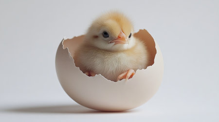 Chick nestled in cracked egg on a clean white background, expressing themes of birth, hope, and fragility.の素材