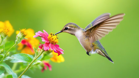 Close-up of a hummingbird hovering next to a vibrant flower, wings blurred in motion as it reaches for nectar against a soft green background.の素材