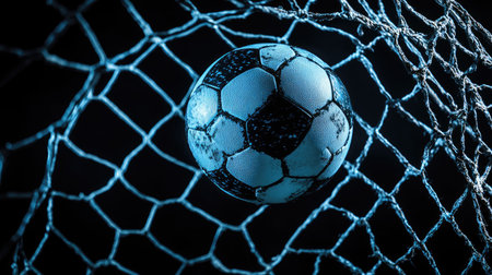 Dramatic image of a football ball scoring a goal, frozen in the net with a dark black background and directional lighting.の素材