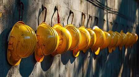 Bright yellow helmets aligned on hooks along a factory wall, casting soft shadows on the surface.の素材