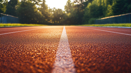 Early morning shot of an empty sports track, fresh lines gleaming on the red surface with dew.の素材