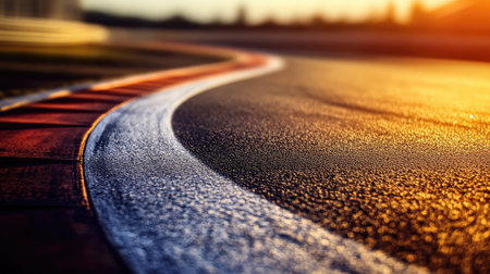 Curved section of race track with white guiding lines fading into distance, captured during golden hour.の素材