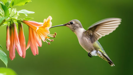 Close-up of a hummingbird hovering next to a vibrant flower, wings blurred in motion as it reaches for nectar against a soft green background.の素材