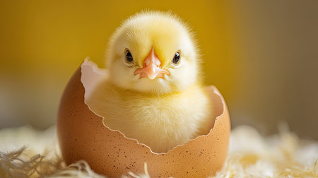 Cute chick poking out of a cracked eggshell with gentle expression, symbolizing new life and beginnings.の素材