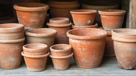 Cluster of empty terracotta pots stacked for storage, highlighting the rugged charm of traditional garden ware.の素材