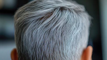 Detailed image of short, well-groomed gray hair on a man's head, showing natural patterns and color shift.の素材