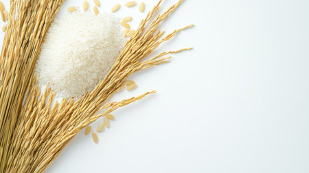 Elegant layout of uncooked white jasmine rice and yellow paddy stalks on white background, styled for product display.の素材