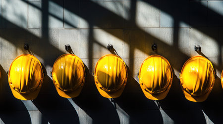 Bright yellow helmets aligned on hooks along a factory wall, casting soft shadows on the surface.の素材
