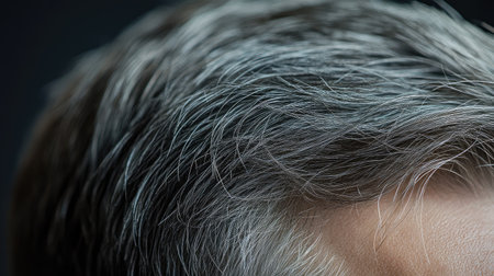 Detailed image of short, well-groomed gray hair on a man's head, showing natural patterns and color shift.の素材