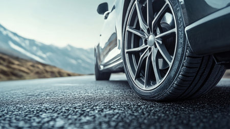 Detailed look at a modern car's alloy wheel and rubber tire, stationary on a smooth gray road.の素材