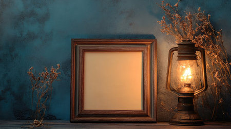 Empty wooden frame on a weathered table with warm ambient lighting, dried flowers beside it evoking a nostalgic mood.の素材