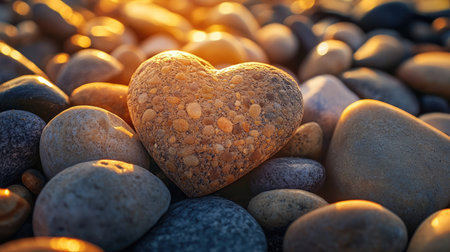 Close-up of a heart-shaped rock at the center of a composition of beach stones, illuminated by golden hour sunlight.の素材