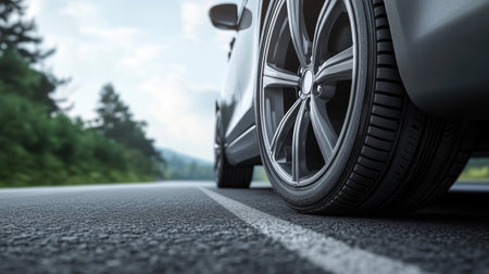 Detailed look at a modern car's alloy wheel and rubber tire, stationary on a smooth gray road.の素材