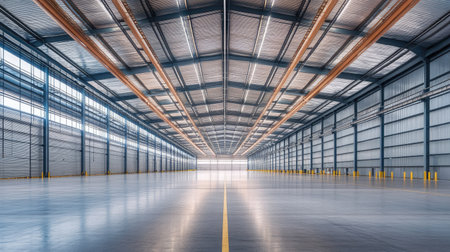 Daytime image of expansive aluminium warehouse facilities with clean-lined metal roofs and minimalistic design.の素材