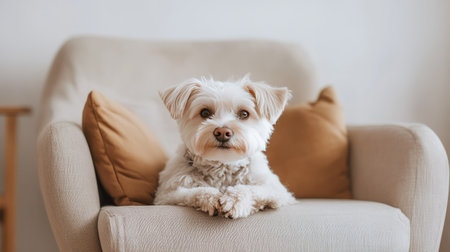 Dog lounging on a stylish chair in front of a simple background, perfect for pet-friendly interior design or lifestyle shots.の素材