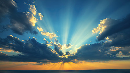 Evening sky with intense spotlight rays, adding energy and focus to the darkening horizon.の素材