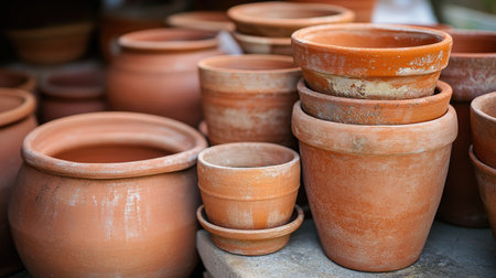 Earthy terracotta pots stacked beside each other outdoors, ready for planting season, captured in natural light.の素材
