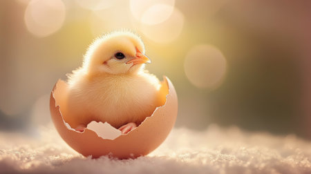 Fluffy baby chick sitting comfortably in half of a broken egg, captured with soft lighting for a tender look.の素材