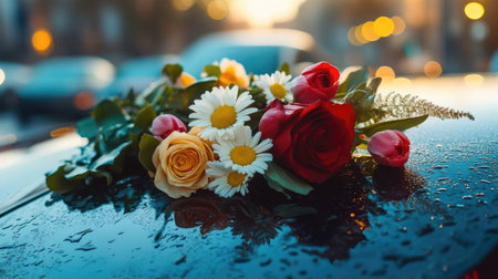 Fresh bouquet with roses, daisies, and tulips lying on the windshield of a parked car in daylight.の素材