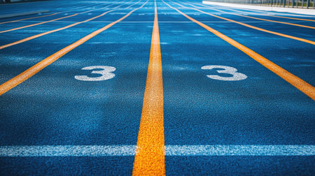 Empty competition track featuring lanes marked with numbers, bright daylight emphasizing contrast and detail.の素材