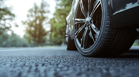 Detailed look at a modern car's alloy wheel and rubber tire, stationary on a smooth gray road.の素材