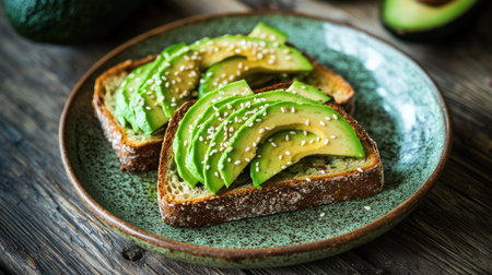 Fresh avocado toast served on a ceramic plate, topped with sliced avocado and sprinkled with sesame seeds, against a rustic wooden background.の素材