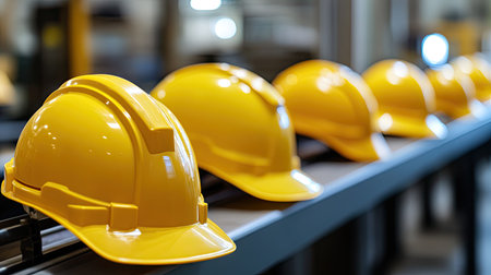 Group of yellow safety helmets in a factory break room, illustrating teamwork and safety compliance.の素材