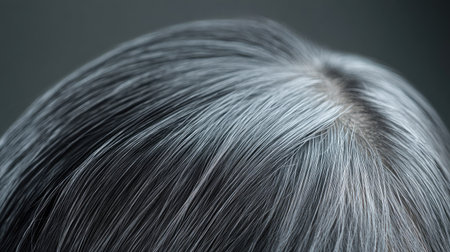 Gray hair at the crown of the head, isolated on a neutral background, highlighting texture and maturity.の素材