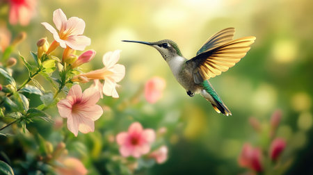 Hummingbird delicately flying near a vibrant blossom, showcasing nature's intricate relationship between bird and flower.の素材