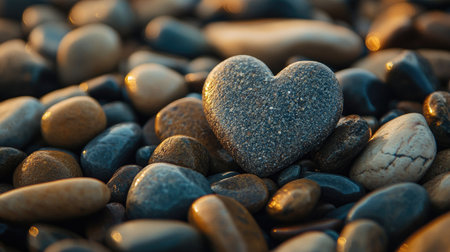 Heart rock lying among dozens of beach stones, with gentle lighting emphasizing its shape and texture.の素材