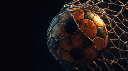 Impact shot of a football hitting the back of the net, isolated on black with intense lighting and dramatic shadows.の素材