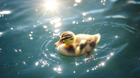 Little ducky swimming solo on a crystal-clear lake, sunlight sparkling on water droplets around it.の素材