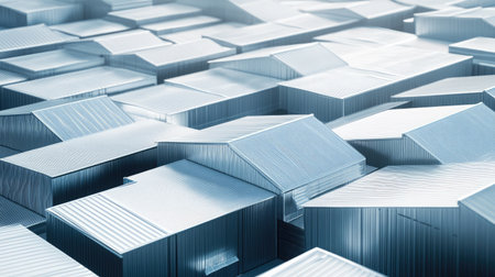 Industrial zone with aluminum factory buildings and sloped metal roofs, arranged in geometric patterns.の素材