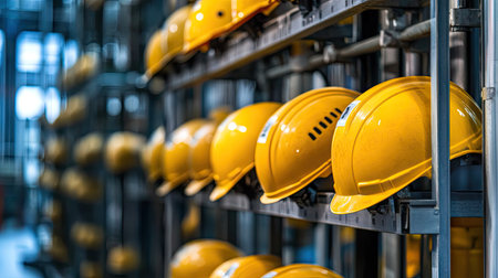 Neatly organized yellow helmets on a rack with industrial pipes and equipment visible in the factory background.の素材