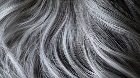 Macro shot of silver-gray hair roots on scalp, emphasizing natural hair texture, color variation, and growth.の素材