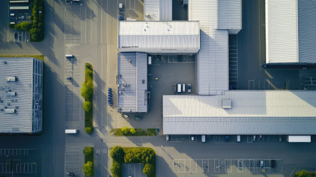 Industrial park with a group of metal-roofed aluminium factories, shot from drone perspective for layout clarity.の素材