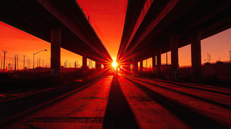 Long expressway overpass casting shadows in front of a glowing red-orange sunset, evoking motion and serenity.の素材