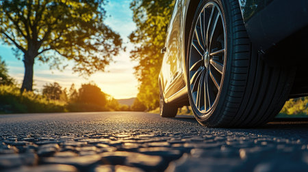 Low-angle shot of a vehicle's front wheel on a road, showing clean alloy rims and road texture beneath.の素材